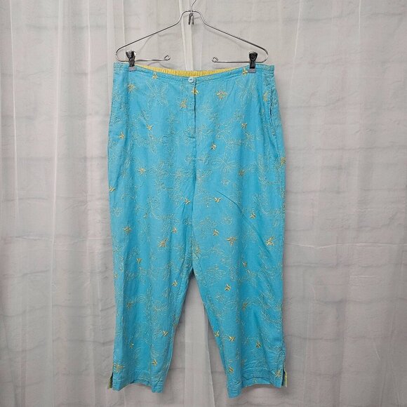 Mureli Blue Yellow Embroidered Butterfly Boho Linen Blend Pants Cropped L - Picture 1 of 12